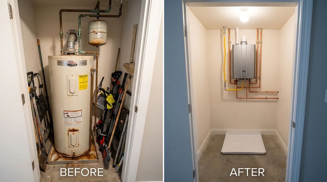 Tank water heater versus wall-mounted tankless unit comparison for Winchester, VA homeowners