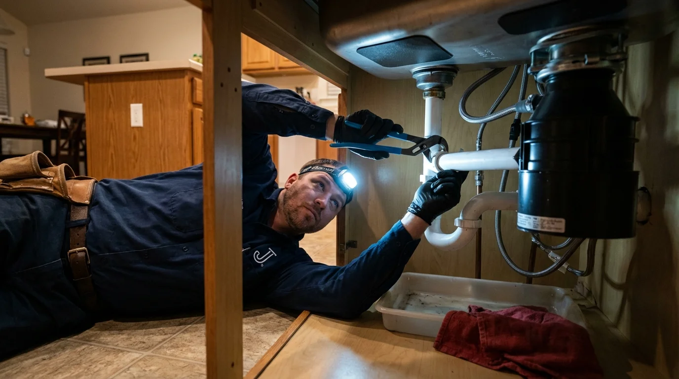 P-trap and supply line connections under a kitchen sink showing a common leak point in Winchester, VA